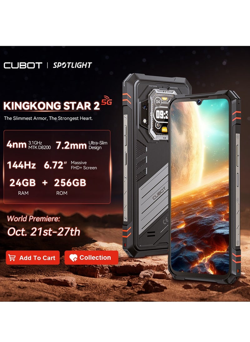 Cubot KingKong Star 2 5G Rugged Smartphone Slim and Strong ,6.72 Inch and 1.85 inch back Screen , 2.4K FHD+ Screen, Android14, Dual SIM, 12GB+12GB Extended RAM+256GB ROM, 5100mAh Battery 100MP Rear+32MP Front Camera,7.2mm Ultra-Slim Body, 144Hz High Refresh Rate ,OTG,NFC Waterproof Mobile Phone-Black