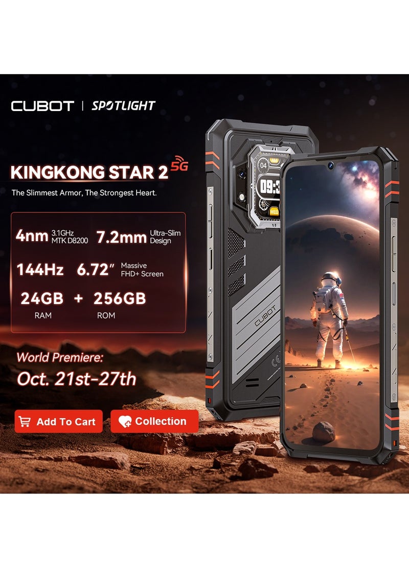 Cubot KingKong Star 2 5G Rugged Smartphone Slim and Strong ,6.72 Inch and 1.85 inch back Screen , 2.4K FHD+ Screen, Android14, Dual SIM, 12GB+12GB Extended RAM+256GB ROM, 5100mAh Battery 100MP Rear+32MP Front Camera,7.2mm Ultra-Slim Body, 144Hz High Refresh Rate ,OTG,NFC Waterproof Mobile Phone-Black