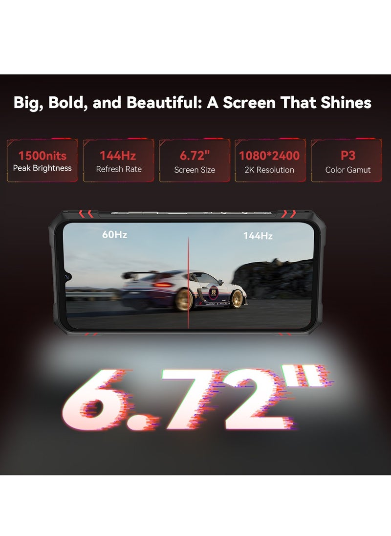 Cubot KingKong Star 2 5G Rugged Smartphone Slim and Strong ,6.72 Inch and 1.85 inch back Screen , 2.4K FHD+ Screen, Android14, Dual SIM, 12GB+12GB Extended RAM+256GB ROM, 5100mAh Battery 100MP Rear+32MP Front Camera,7.2mm Ultra-Slim Body, 144Hz High Refresh Rate ,OTG,NFC Waterproof Mobile Phone-Black
