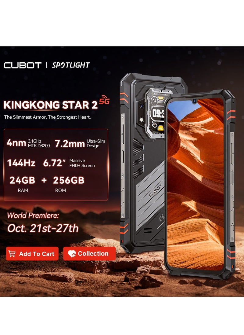 Cubot KingKong Star 2 5G Rugged Smartphone Slim and Strong ,6.72 Inch and 1.85 inch back Screen , 2.4K FHD+ Screen, Android14, Dual SIM, 12GB+12GB Extended RAM+256GB ROM, 5100mAh Battery 100MP Rear+32MP Front Camera,7.2mm Ultra-Slim Body, 144Hz High Refresh Rate ,OTG,NFC Waterproof Mobile Phone-Black