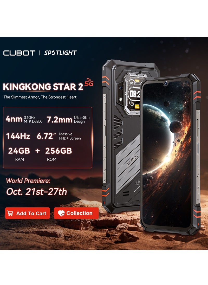 Cubot KingKong Star 2 5G Rugged Smartphone Slim and Strong ,6.72 Inch and 1.85 inch back Screen , 2.4K FHD+ Screen, Android14, Dual SIM, 12GB+12GB Extended RAM+256GB ROM, 5100mAh Battery 100MP Rear+32MP Front Camera,7.2mm Ultra-Slim Body, 144Hz High Refresh Rate ,OTG,NFC Waterproof Mobile Phone-Black