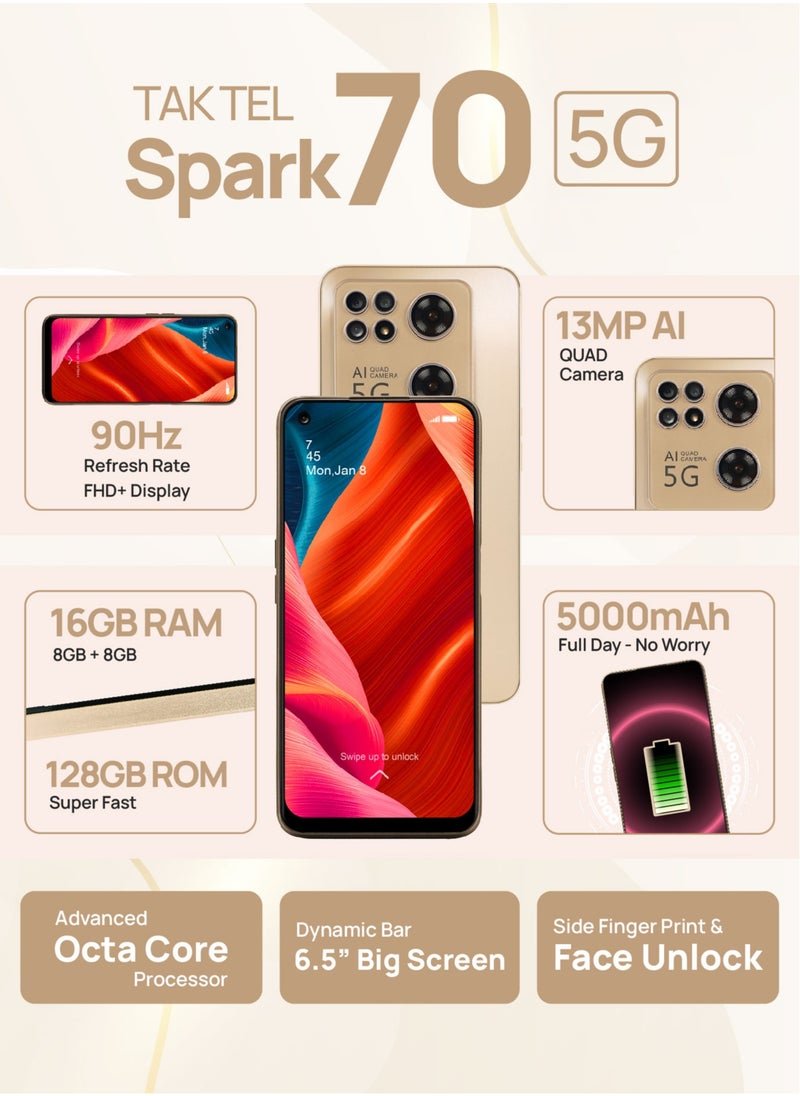 Spark 70 5G Smartphone, AI Powered 13 MP Quad Core Camera, 16GB RAM - 128GB Storage, 90Hz FHD+ Display