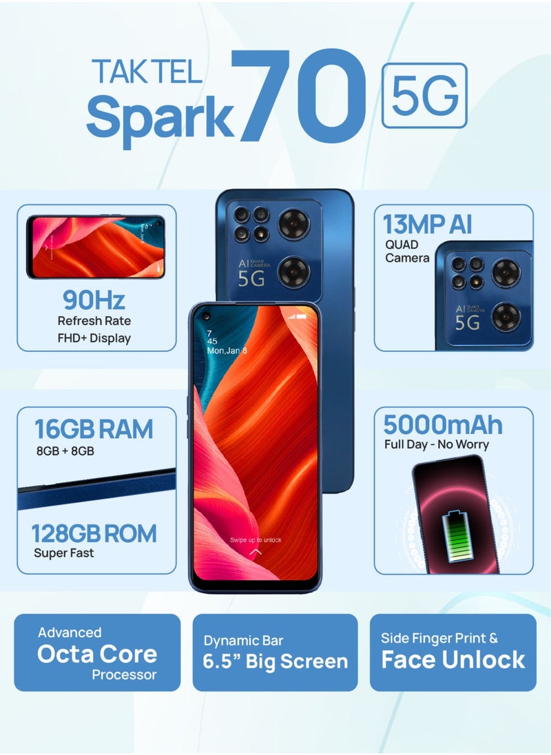 Spark 70 5G Smartphone, AI Powered 13 MP Quad Core Camera, 16GB RAM - 128GB Storage, 90Hz FHD+ Display