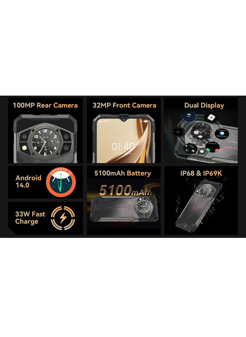 CUBOT Kingkong AX Outdoor Mobile Phone Android 14 - Outdoor Smartphone Without Contract, 24GB + 256GB/1TB Construction Site Mobile Phone, 100MP Smartphone, 6.58 Inch FHD + 120Hz, 1.32 Inch Back