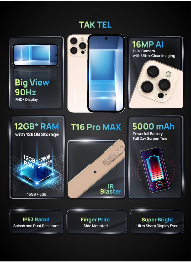 T16 Pro MAX Android Smartphone, 12GB RAM-128GB Storage, 16MP AI Dual Camera Ultra Sharp FHD+ Display