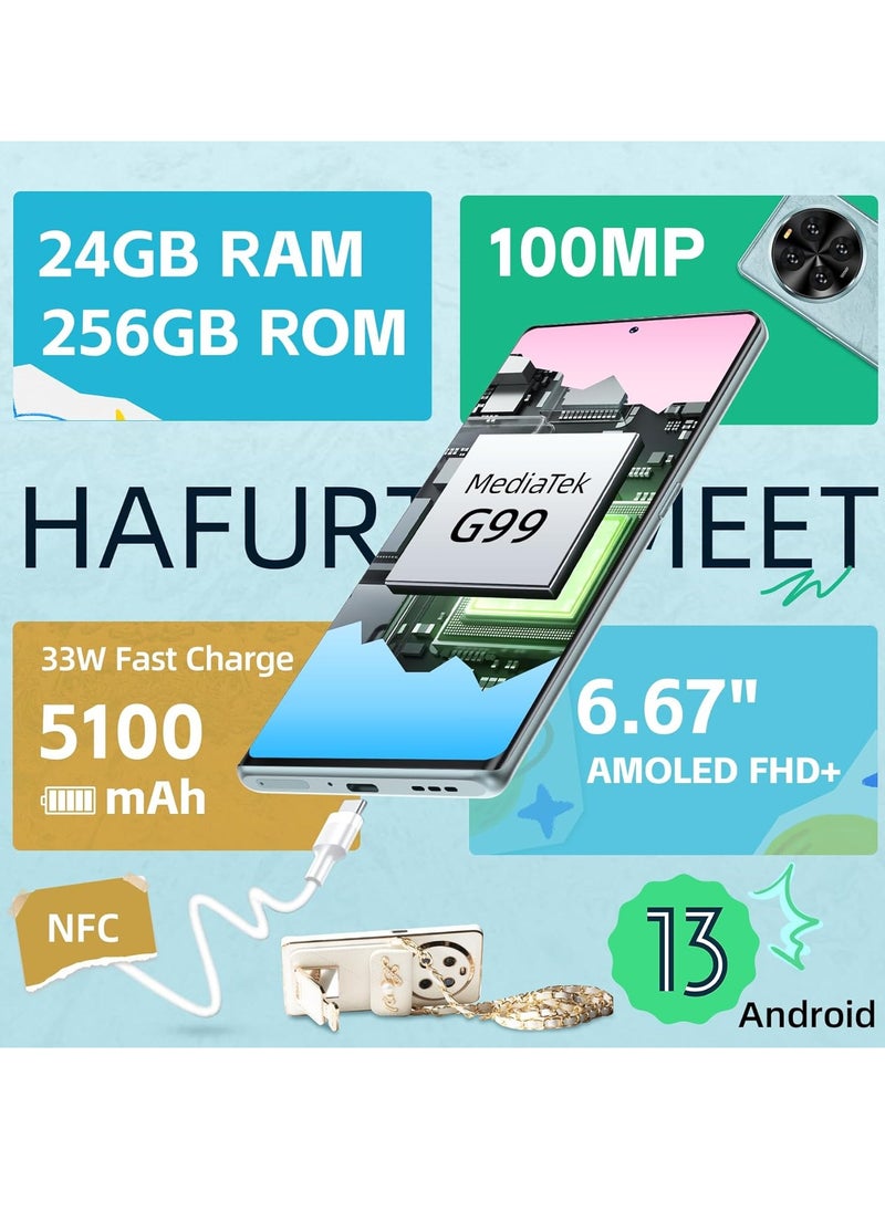 HAFURY Meet Smartphone 24GB + 256GB/1TB, Mobile Phone, Android 13 G99, 6.67 Inch AMOLED Display (120Hz), 100MP, 5100mAh, Simlock-Free Mobile Phone 4G Dual