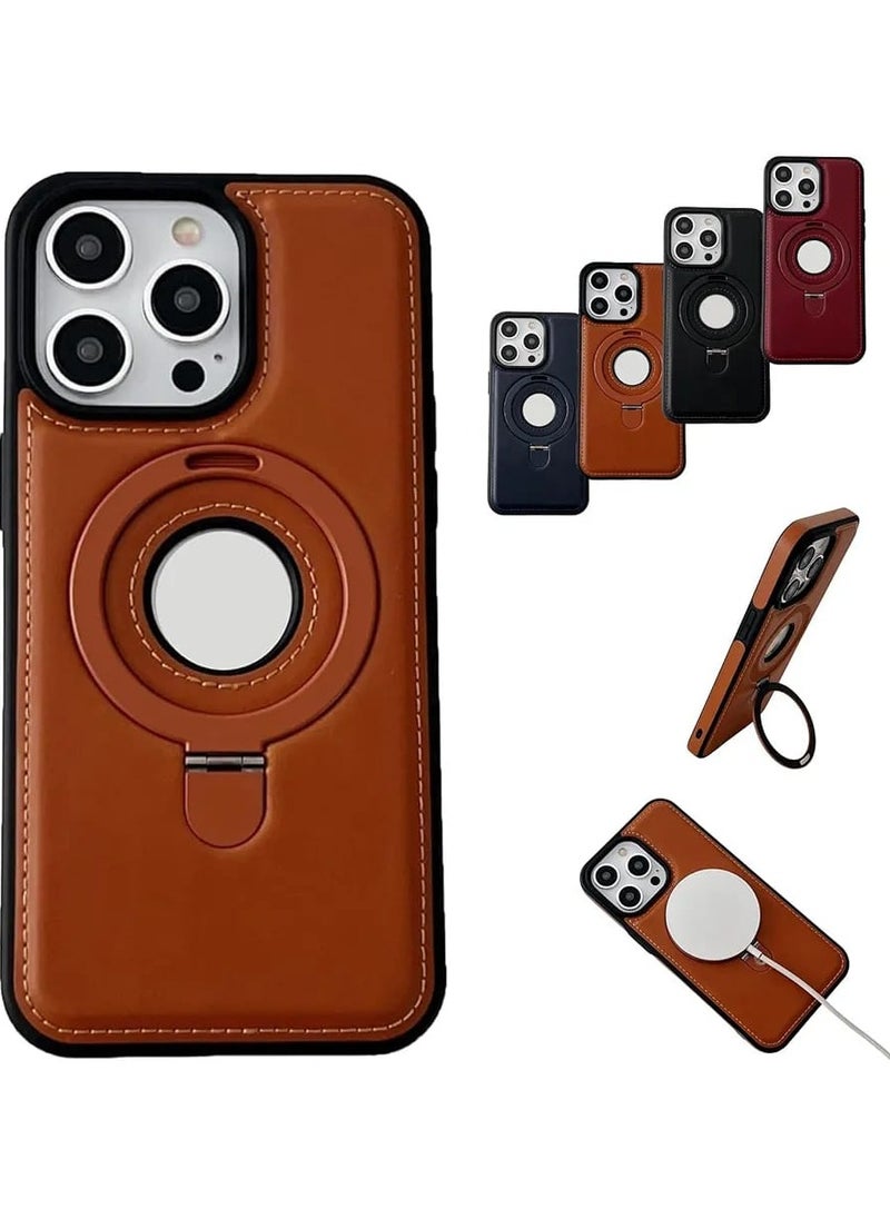 Luxurious Leather Invisible Stand Phone Case for iPhone 16 Pro,Slim Shockproof Cover,with Magnetic Invisible Ring Stand,Business Texture Leather Back Cover