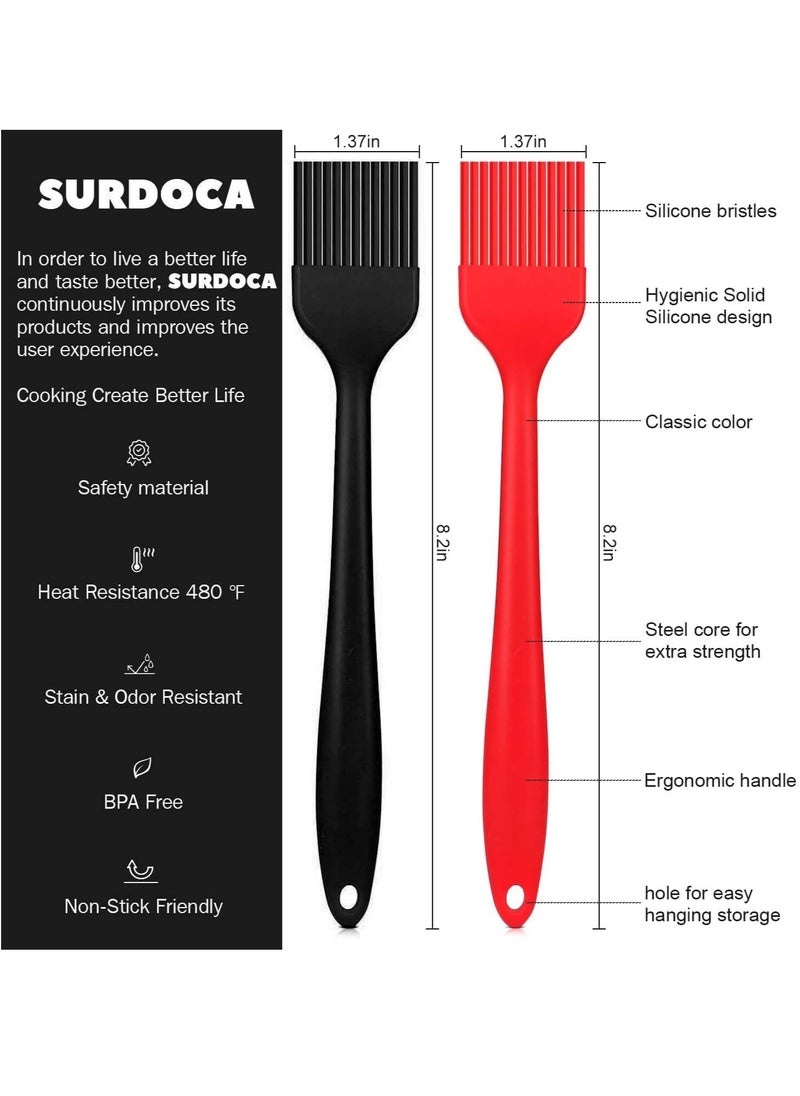 SURDOCA Silicone Pastry Basting Brush - 2Pcs 8.2 in Heat Resistant Brush for Baking Cooking Food, BPA Free Kitchen Brush for Sauce Butter Oil, Stainless Steel Core Design for Barbecue BBQ Grilling