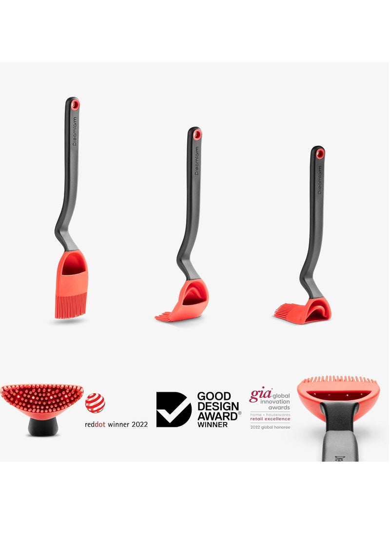 Dreamfarm Brizzle 3-In-1 Flexible Silicone Sit-Up Basting, Drizzle, Scooping Brush with In-Built Sauce Resevoir - Red