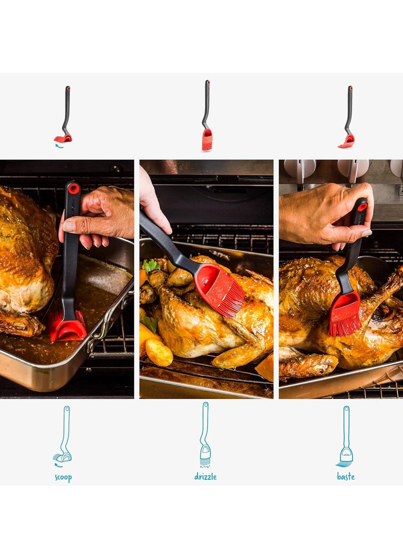 Dreamfarm Brizzle 3-In-1 Flexible Silicone Sit-Up Basting, Drizzle, Scooping Brush with In-Built Sauce Resevoir - Red