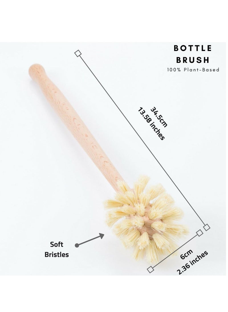 Wood and Tampico Bottle Brush - Pot Brush - Vegetable Brush Set - Zero Waste, Compostable & Biodegradable Kitchen Brushes