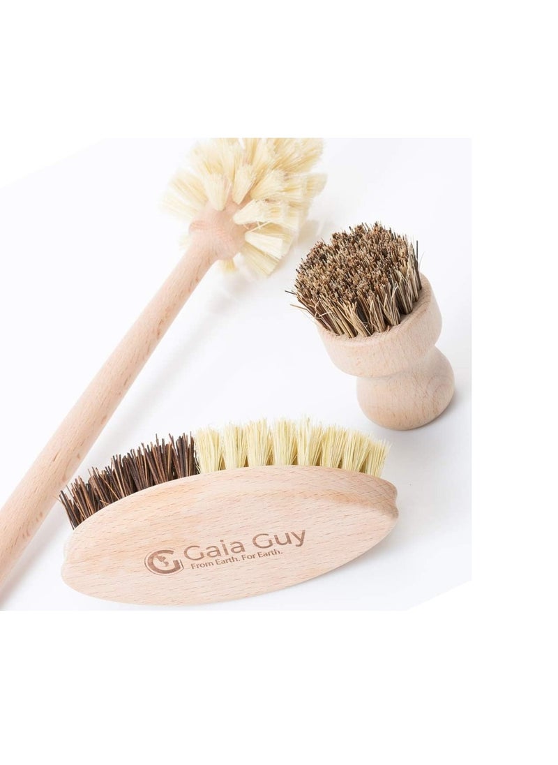 Wood and Tampico Bottle Brush - Pot Brush - Vegetable Brush Set - Zero Waste, Compostable & Biodegradable Kitchen Brushes