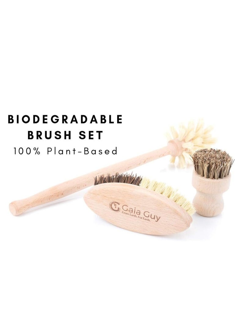 Wood and Tampico Bottle Brush - Pot Brush - Vegetable Brush Set - Zero Waste, Compostable & Biodegradable Kitchen Brushes
