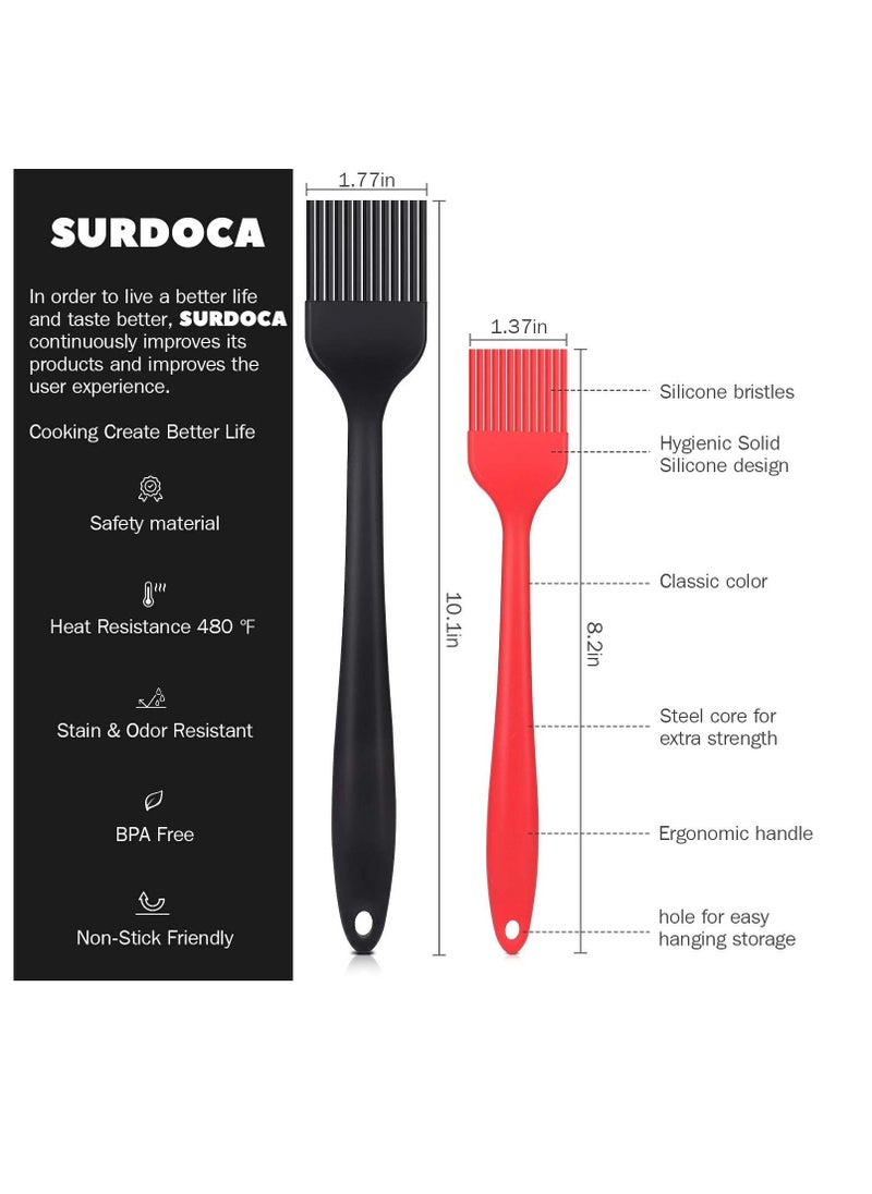 SURDOCA Silicone Pastry Basting Brush - 2Pcs 10 + 8 in Heat Resistant Brush for Baking Cooking Food, BPA Free Kitchen Brush for Sauce Butter Oil, Stainless Steel Core Design for Barbecue BBQ Grilling