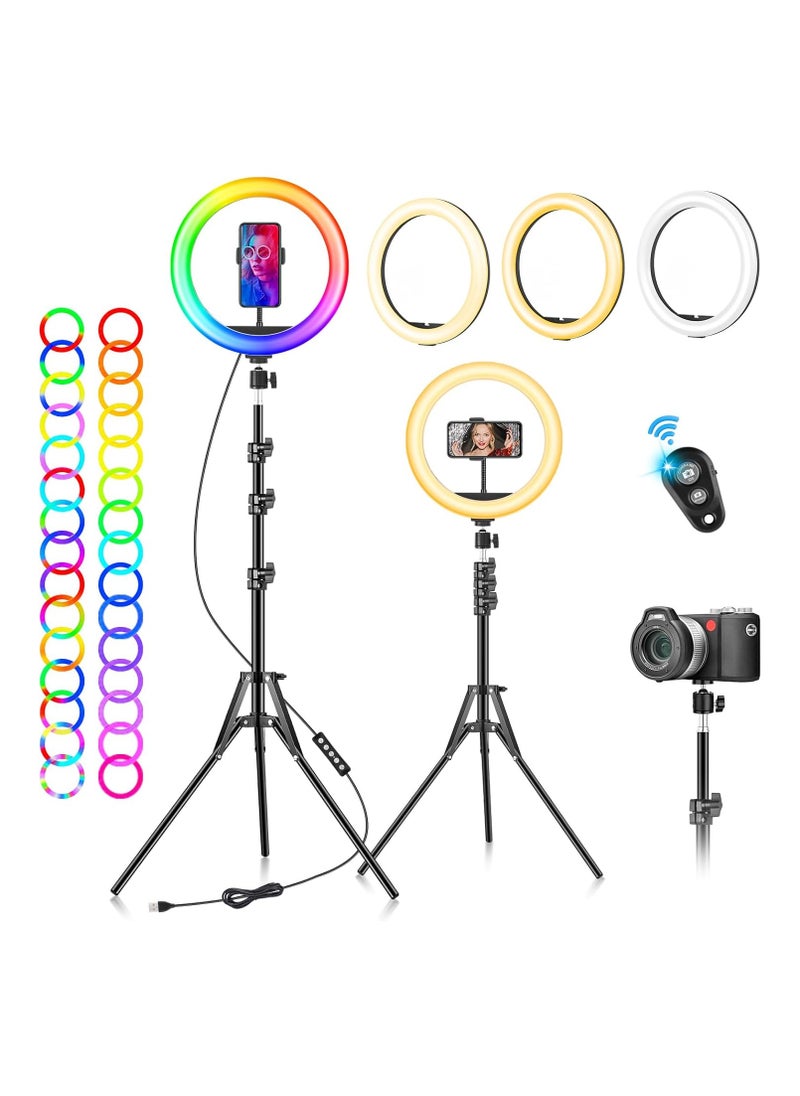 Ring Light with Tripod Stand & Phone Holder – 10-Inch Dimmable RGB Selfie LED Ring Light, 40 Colors, Adjustable Desktop Lamp for Makeup, Photography, YouTube, TikTok, and Live Streaming (MJ-26)