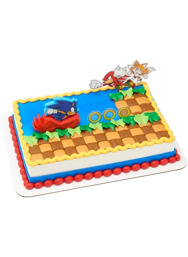 DecoSet Sonic The Hedgehog Cake Topper, 3-Piece Decoration Set With Tails & Knuckles Cake Pic, Rings Cake Pic And Rolling Sonic Action Figurine, For Birthday And Celebrations