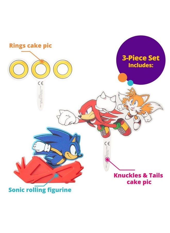 DecoSet Sonic The Hedgehog Cake Topper, 3-Piece Decoration Set With Tails & Knuckles Cake Pic, Rings Cake Pic And Rolling Sonic Action Figurine, For Birthday And Celebrations