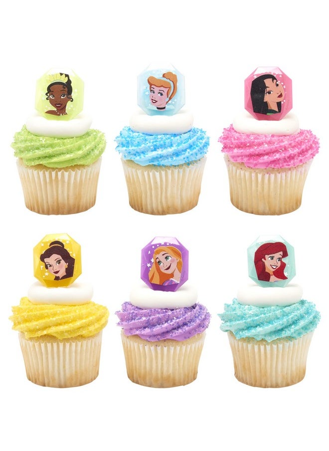 DecoPac Disney Princess Gemstone Rings, Cupcake Decorations Featuring Mulan, Cinderella, Tiana, Belle, Rapunzel and Ariel, Multicolored 3D Food Safe Cake Toppers - 24 Pack