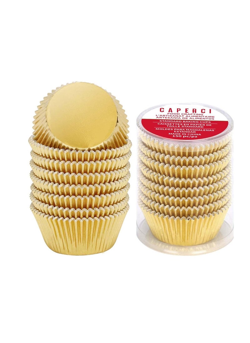 Caperci Standard Cupcake Liners Gold Foil Muffin Baking Cups 150-Pack - Premium Greaseproof & Sturdy Cupcake Papers