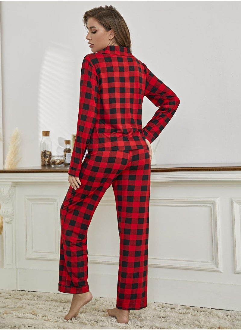 Women's Checked Pattern Loose 2-Piece Set Pajamas Long Sleeve top And Pants Soft Loungewear Nightgown Suit Leisure Wear Red/Black
