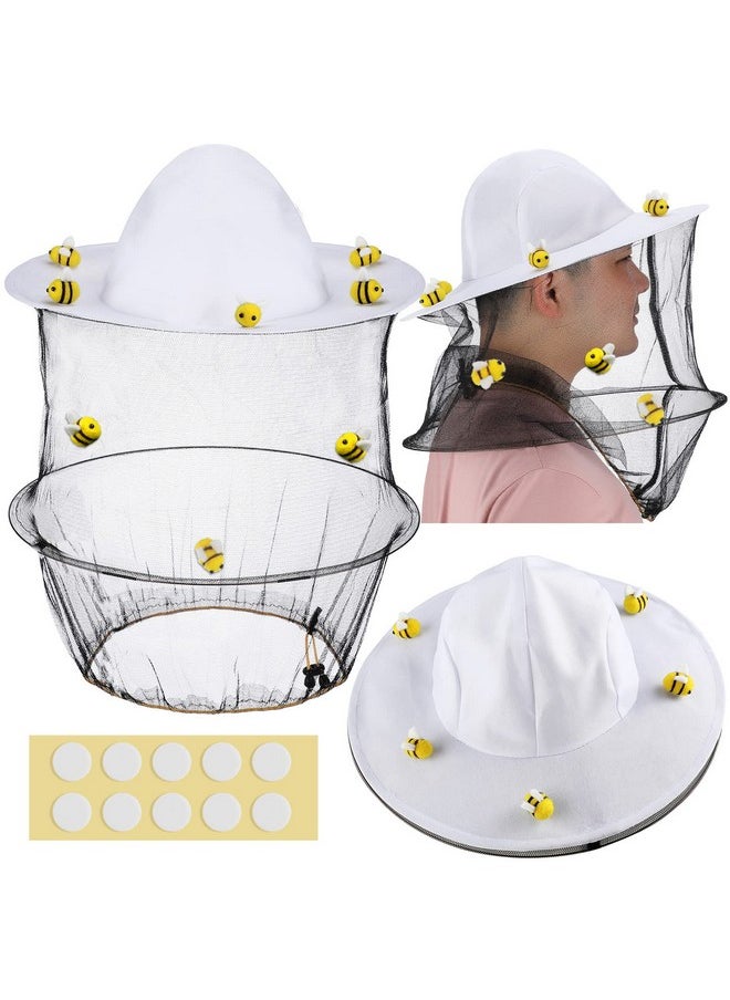 22 Pcs Beekeeper Set Including 2 Pcs Bee Hat and Veil, 10 Pcs Wool Felt Bee, 10 Pcs Round Double Sided Tape Beekeeping Helmet Bug Insect Hats with Netting for Bee Keeper Catcher Halloween Costume