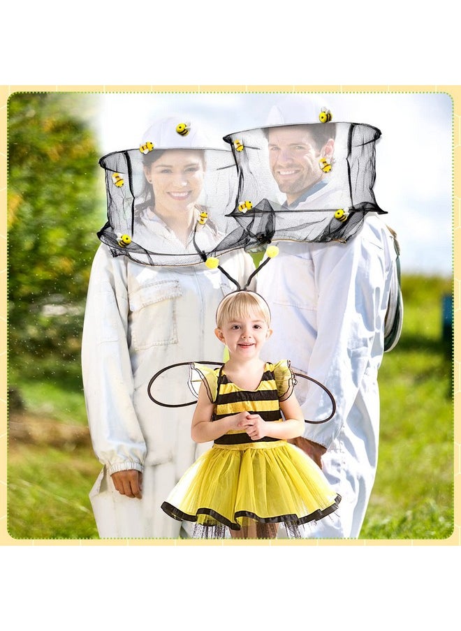 22 Pcs Beekeeper Set Including 2 Pcs Bee Hat and Veil, 10 Pcs Wool Felt Bee, 10 Pcs Round Double Sided Tape Beekeeping Helmet Bug Insect Hats with Netting for Bee Keeper Catcher Halloween Costume