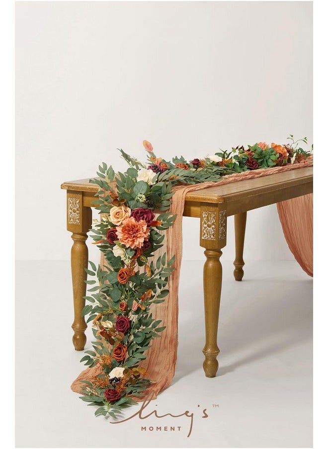 Ling's Moment Fall Flower Garland - 6FT Eucalyptus & Rose - Sweetheart Table Decor for Wedding Reception, Artificial Floral Garland for Mantle, Thanksgiving, Christmas Decoration, Burnt Orange