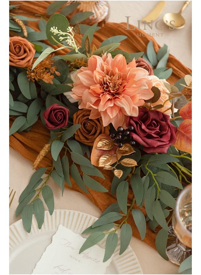 Ling's Moment Fall Flower Garland - 6FT Eucalyptus & Rose - Sweetheart Table Decor for Wedding Reception, Artificial Floral Garland for Mantle, Thanksgiving, Christmas Decoration, Burnt Orange