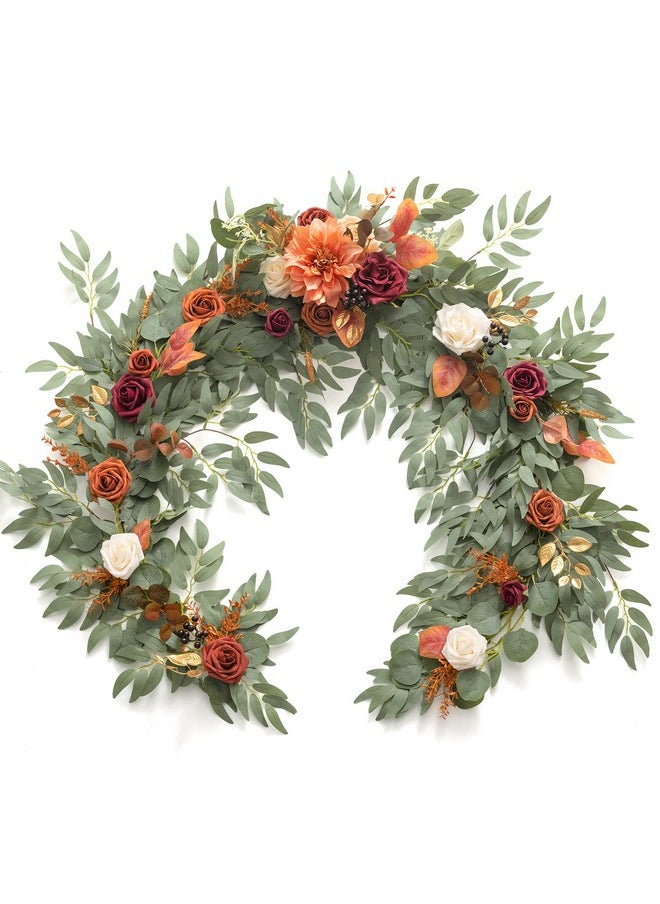 Ling's Moment Fall Flower Garland - 6FT Eucalyptus & Rose - Sweetheart Table Decor for Wedding Reception, Artificial Floral Garland for Mantle, Thanksgiving, Christmas Decoration, Burnt Orange