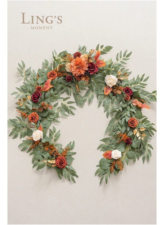 Ling's Moment Fall Flower Garland - 6FT Eucalyptus & Rose - Sweetheart Table Decor for Wedding Reception, Artificial Floral Garland for Mantle, Thanksgiving, Christmas Decoration, Burnt Orange