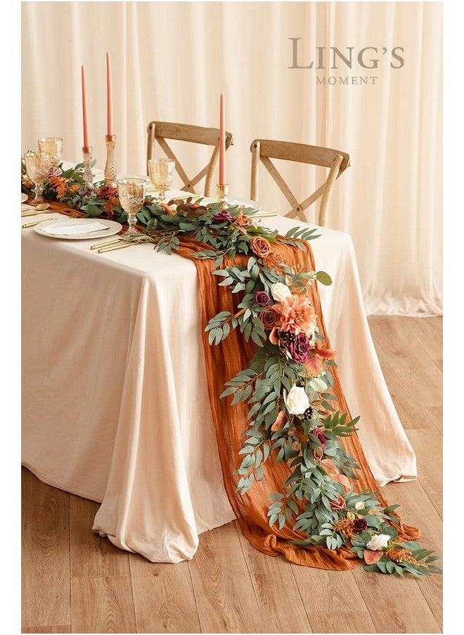 Ling's Moment Fall Flower Garland - 6FT Eucalyptus & Rose - Sweetheart Table Decor for Wedding Reception, Artificial Floral Garland for Mantle, Thanksgiving, Christmas Decoration, Burnt Orange