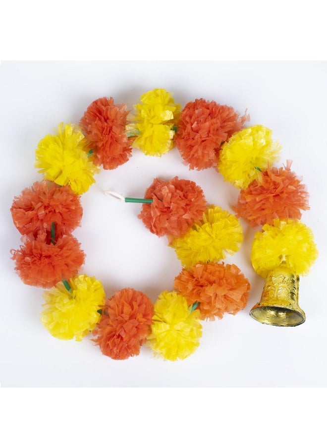 Kaameri Bazaar Marigold Artificial Fluffy Garland with Bell Used for Festival | Home Decoration Colour Light & Dark Orange | Pack of 10