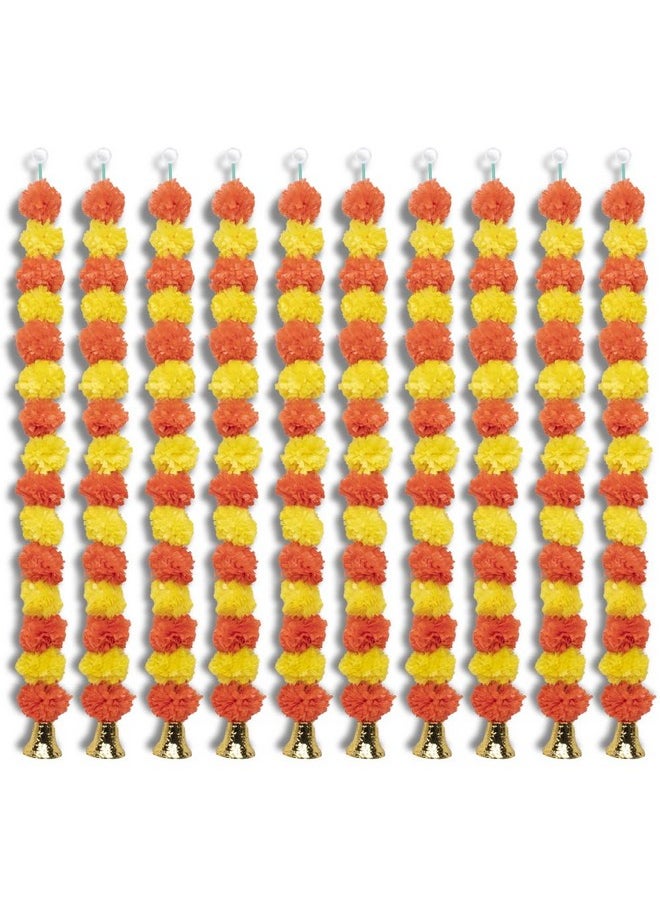 Kaameri Bazaar Marigold Artificial Fluffy Garland with Bell Used for Festival | Home Decoration Colour Light & Dark Orange | Pack of 10