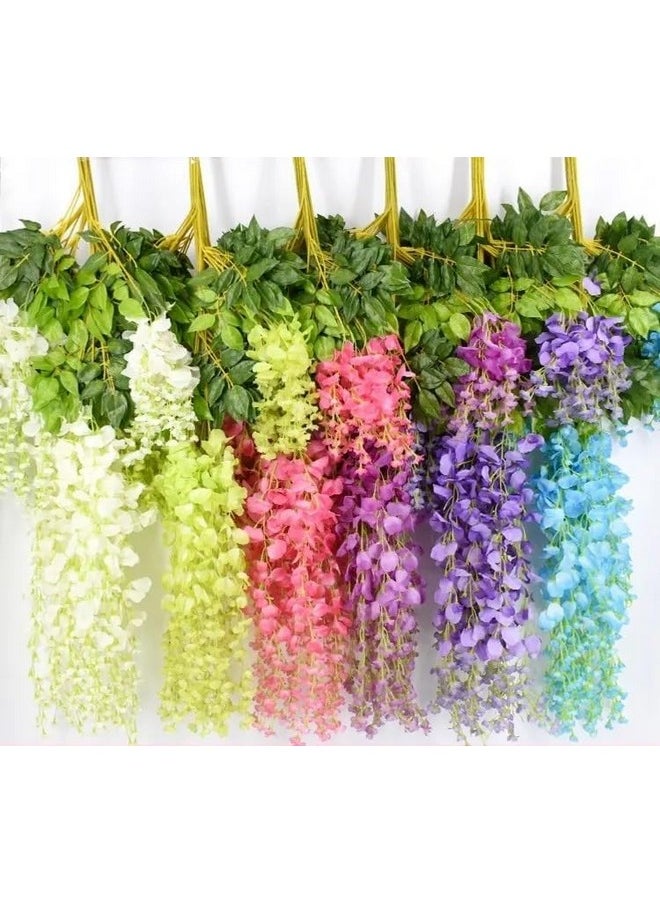 SATYAM KRAFT 6 Pcs (43.2 inch) Artificial Wisteria Vine Ratta Fake Wisteria Hanging Garland Silk Long Hanging Bush Flowers String for Home Decor,Christmas, Wedding, Marriage Decoration (Multicolor)