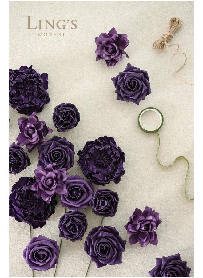 Ling's Moment Artificial Flowers Fake Roses Faux Peony Foam Gardenia Combo for DIY Wedding Bouquets Centerpieces Arrangements Bridal Shower Party Home Decorations, Purple, 23pcs