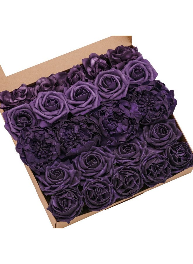 Ling's Moment Artificial Flowers Fake Roses Faux Peony Foam Gardenia Combo for DIY Wedding Bouquets Centerpieces Arrangements Bridal Shower Party Home Decorations, Purple, 23pcs