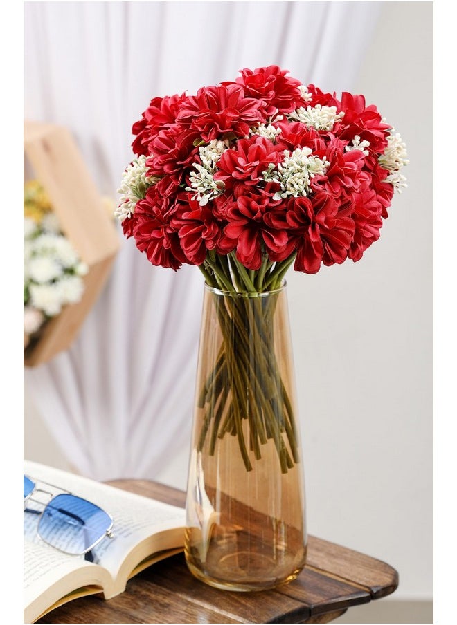 SATYAM KRAFT 1 Bunch Artificial Dahlia Fake Flowers for Christmas,Home,Tulips Artificial Flower,Office, Bedroom, Balcony Decoration Items,Valentine(Without Vase Pot)(Fabric)(Red)