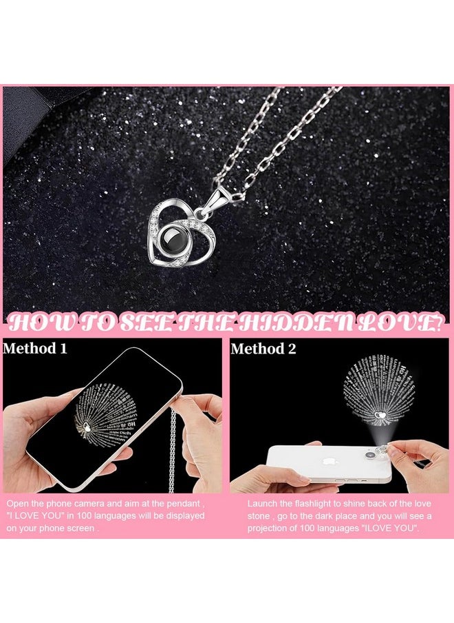 HASTHIP Women's Metal Rose Flower Gift Valentine'S Day Gift Preserved Rose Flower Necklace Eternal Rose Necklace Creative 'I Love U' Projection Necklace Gift Set Birthday Gift