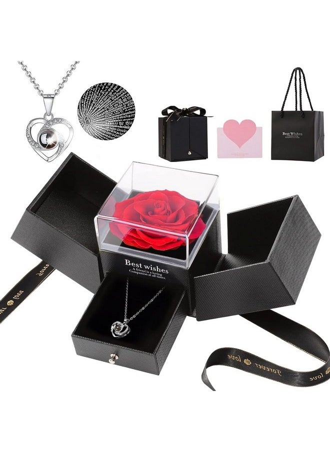 HASTHIP Women's Metal Rose Flower Gift Valentine'S Day Gift Preserved Rose Flower Necklace Eternal Rose Necklace Creative 'I Love U' Projection Necklace Gift Set Birthday Gift