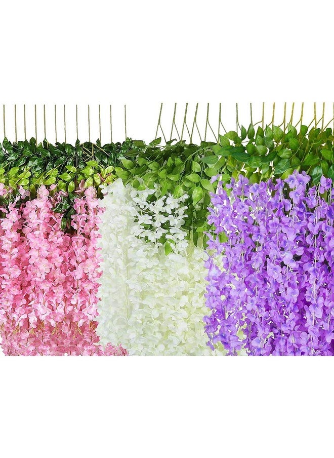 SWADESI STUFF 6 Pack (43.2 FT) Artificial Wisteria Vine Ratta Fake Wisteria Hanging Garland Silk Long Hanging Bush Flowers String Home Party Wedding Decor (Pink White Purple)