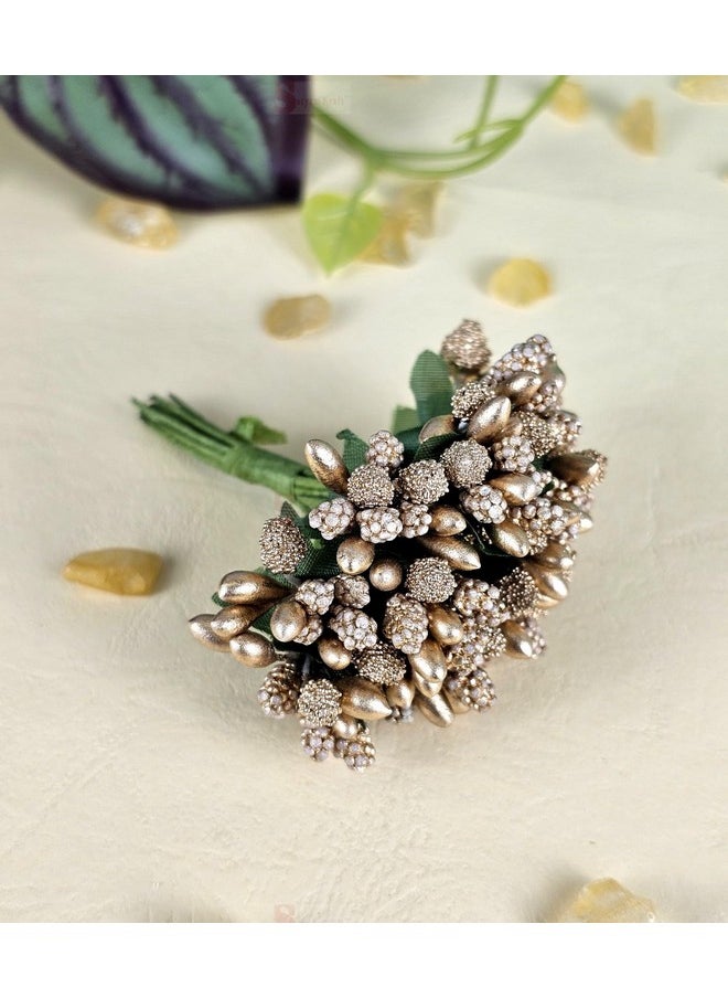 SATYAM KRAFT 12 Bunch Decorative Artificial Gold Pollen Flower Perfect for Tiara, Wedding Jewelry & DIY Making Flowers for Bouquet, Hamper, Trousseau Decoration Items(12 Bunch of 12 Pollen Each)