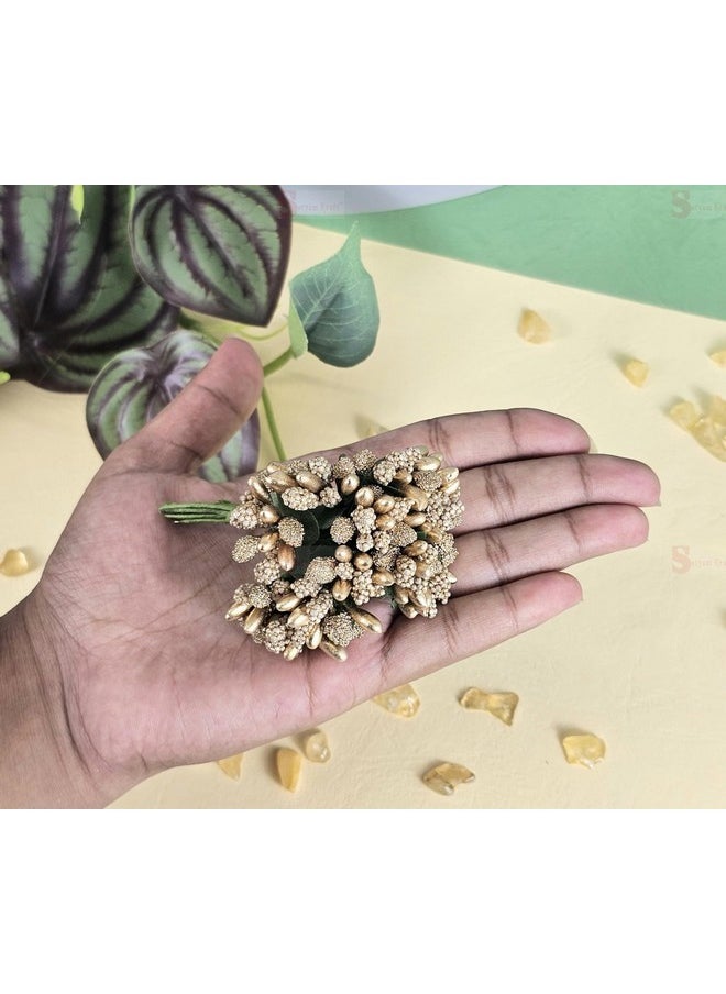 SATYAM KRAFT 12 Bunch Decorative Artificial Gold Pollen Flower Perfect for Tiara, Wedding Jewelry & DIY Making Flowers for Bouquet, Hamper, Trousseau Decoration Items(12 Bunch of 12 Pollen Each)