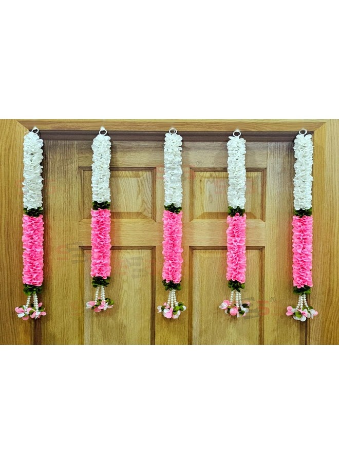 S2S Plastic Artificial White Gajra Jasmine Marigold Flower Strings Wedding Decorations,Event Decor. Perfect For Diwali,Ganpati&Pooja/Temple/Mandir Decoration Pack Of 5(White Pink Fabric Ladi)