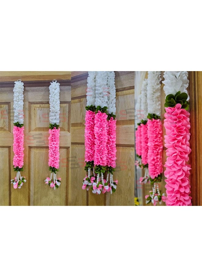 S2S Plastic Artificial White Gajra Jasmine Marigold Flower Strings Wedding Decorations,Event Decor. Perfect For Diwali,Ganpati&Pooja/Temple/Mandir Decoration Pack Of 5(White Pink Fabric Ladi)