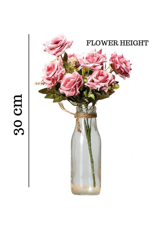 SATYAM KRAFT 1 Pc Artificial Rose Flower Bunch for Gifting, Home, Room, Office, Bedroom,Table, chriestmas, Valentine's Day Decoration (Without Vase Pot)- 7 Heads (Pack of 1, Pink)