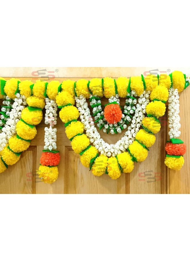 S2S Artificial Marigold & Mogra Flower Triple Layered Door Toran for Main Door, Hanging Toran for Festive Decorations, Doorway Leaves toran (Yellow & White) (Pack of 1) (Length - 40 Inch)