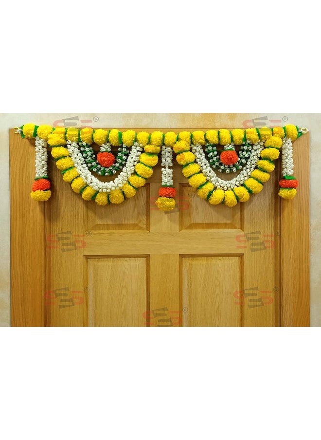 S2S Artificial Marigold & Mogra Flower Triple Layered Door Toran for Main Door, Hanging Toran for Festive Decorations, Doorway Leaves toran (Yellow & White) (Pack of 1) (Length - 40 Inch)