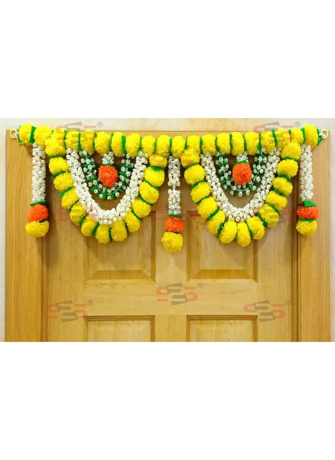 S2S Artificial Marigold & Mogra Flower Triple Layered Door Toran for Main Door, Hanging Toran for Festive Decorations, Doorway Leaves toran (Yellow & White) (Pack of 1) (Length - 40 Inch)