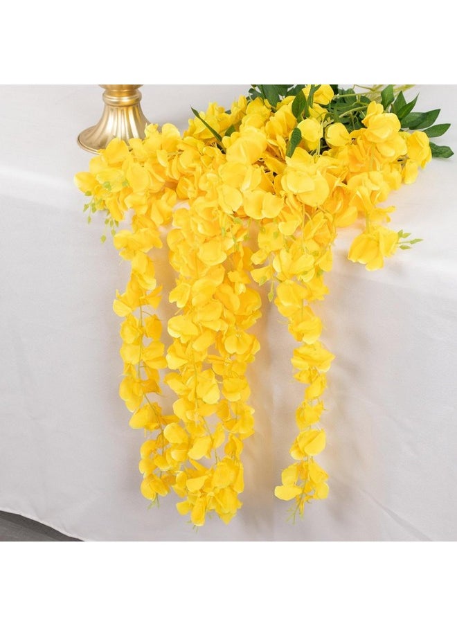 SWADESI STUFF 12 Pack (43.2 FT) Artificial Wisteria Vine Ratta Fake Wisteria Hanging Garland Silk Long Hanging Bush Flowers String Home Party Wedding Decor (White) (Yellow)