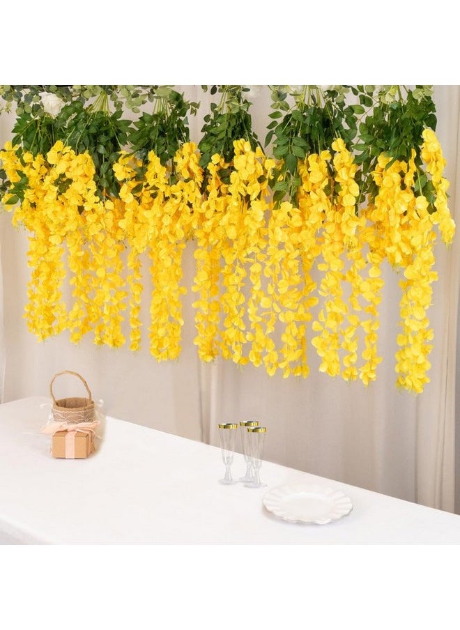 SWADESI STUFF 12 Pack (43.2 FT) Artificial Wisteria Vine Ratta Fake Wisteria Hanging Garland Silk Long Hanging Bush Flowers String Home Party Wedding Decor (White) (Yellow)